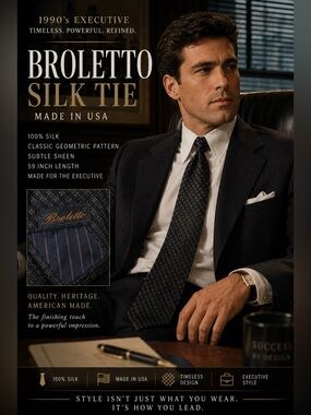 Broletto Black Geometric Silk Tie Made in USA Vintage 59”